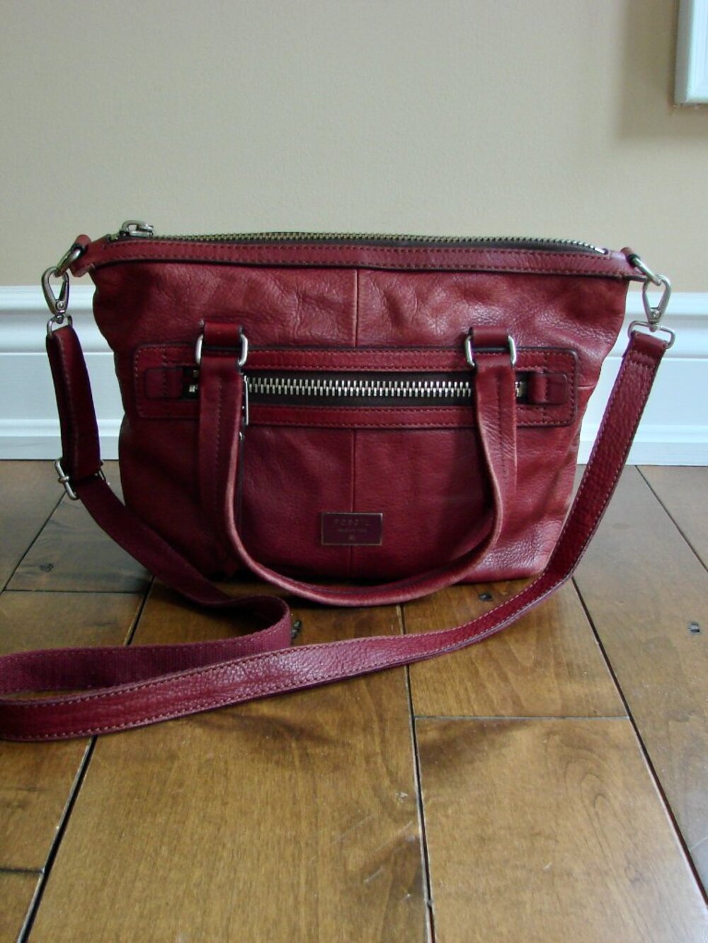 Fossil Burgundy Leather Satchel Bag Purse Dawson Crossbody Cow Hide Long Strap
